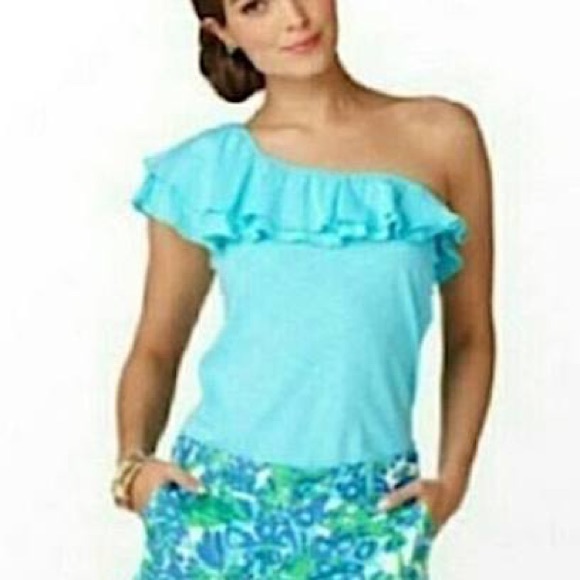 Lilly Pulitzer Wynne 100% Pima Cotton Off Shoulder Ruffle Top Blue Small - Picture 3 of 16